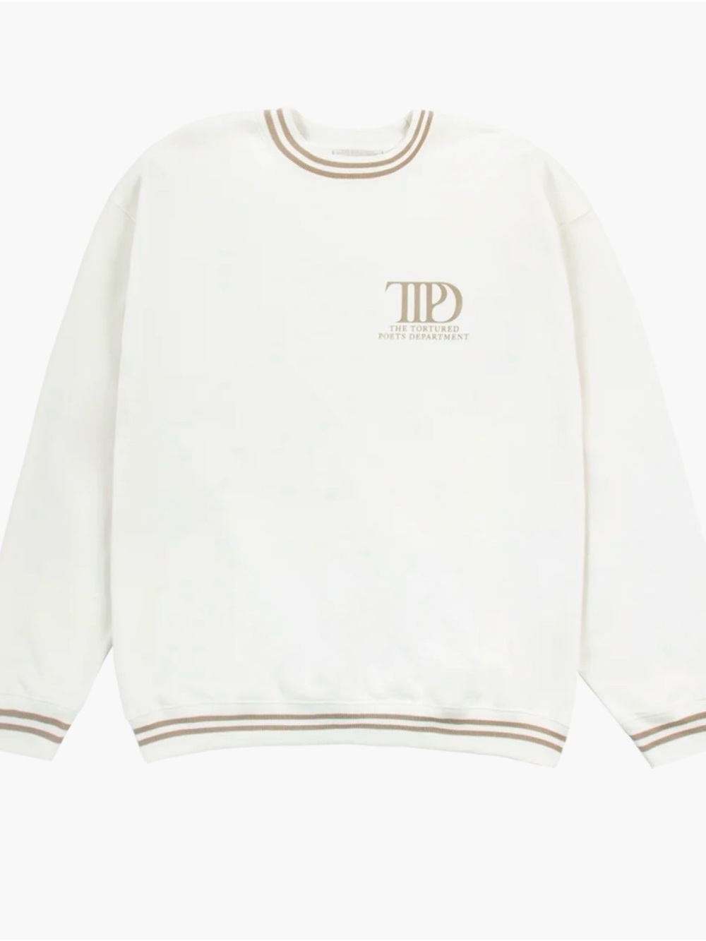 Taylor Swift TTPD Ghosted White Crewneck Sweater with Beige Stripe Trim